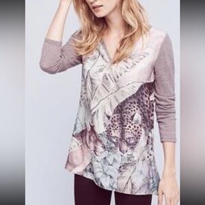 Anthropologie Akemi + Kin Fauna Jungle Cats Linen Blend Henley Top